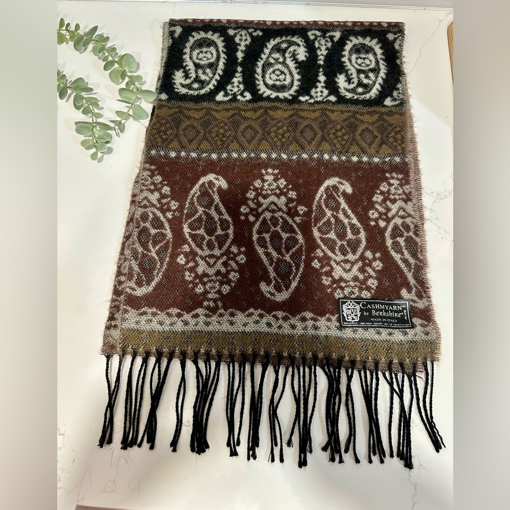 Italian Scarf Fringe Paisley Black Brown Tan Cashmyarn Berkshire Long 72" X 12"